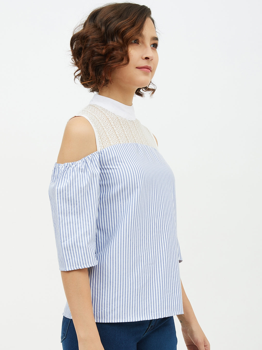 Women's Blue & White Cotton Stripe with Lace detail top