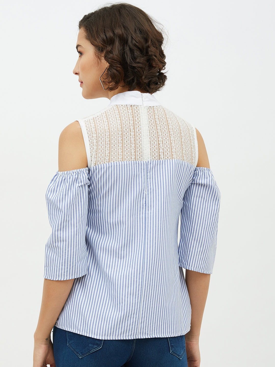 Women's Blue & White Cotton Stripe with Lace detail top