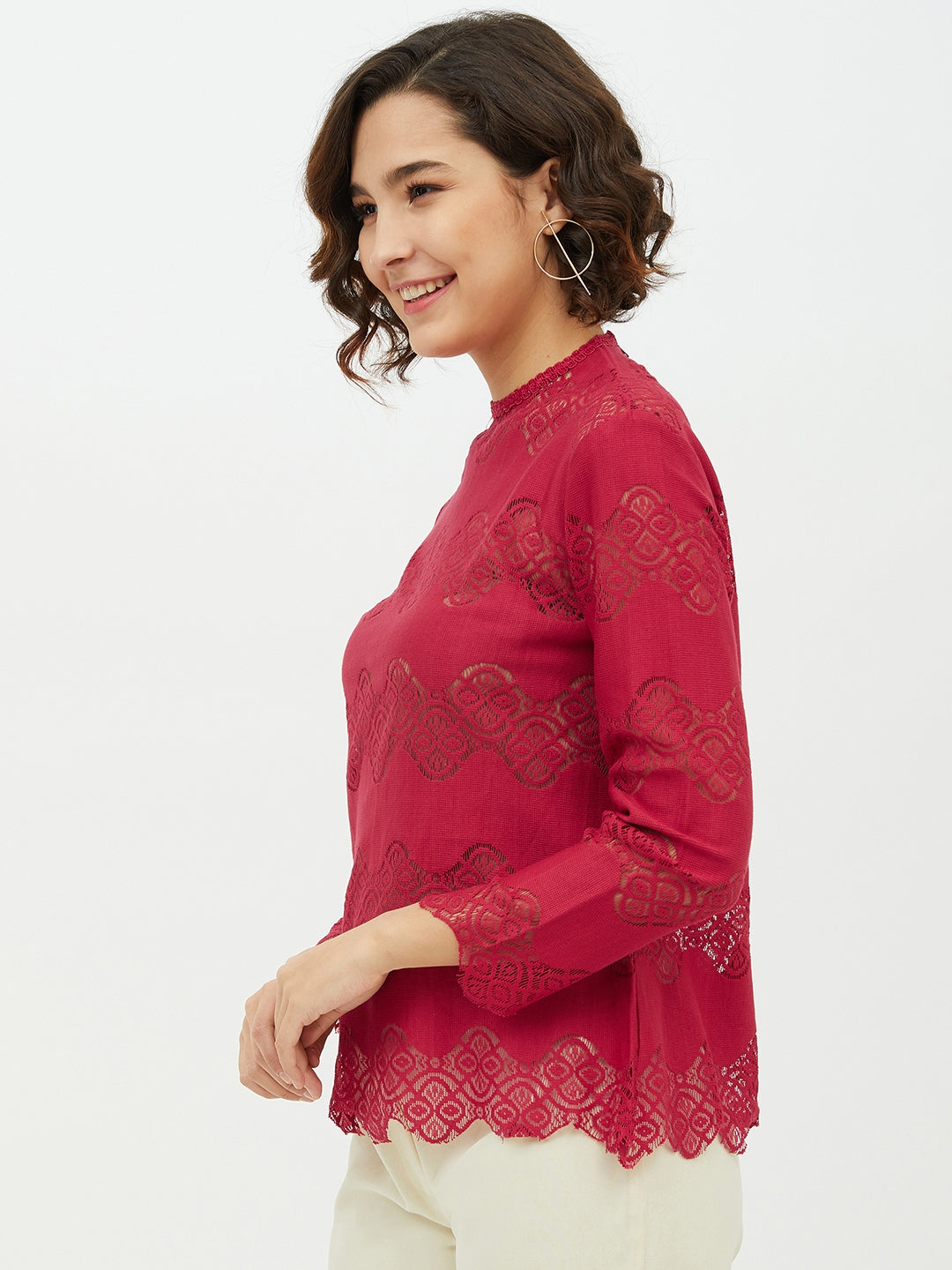 Women's Maroon Self Detail Lace Top