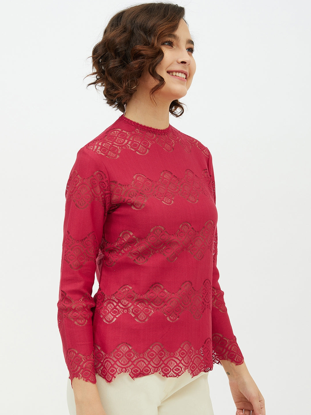Women's Maroon Self Detail Lace Top