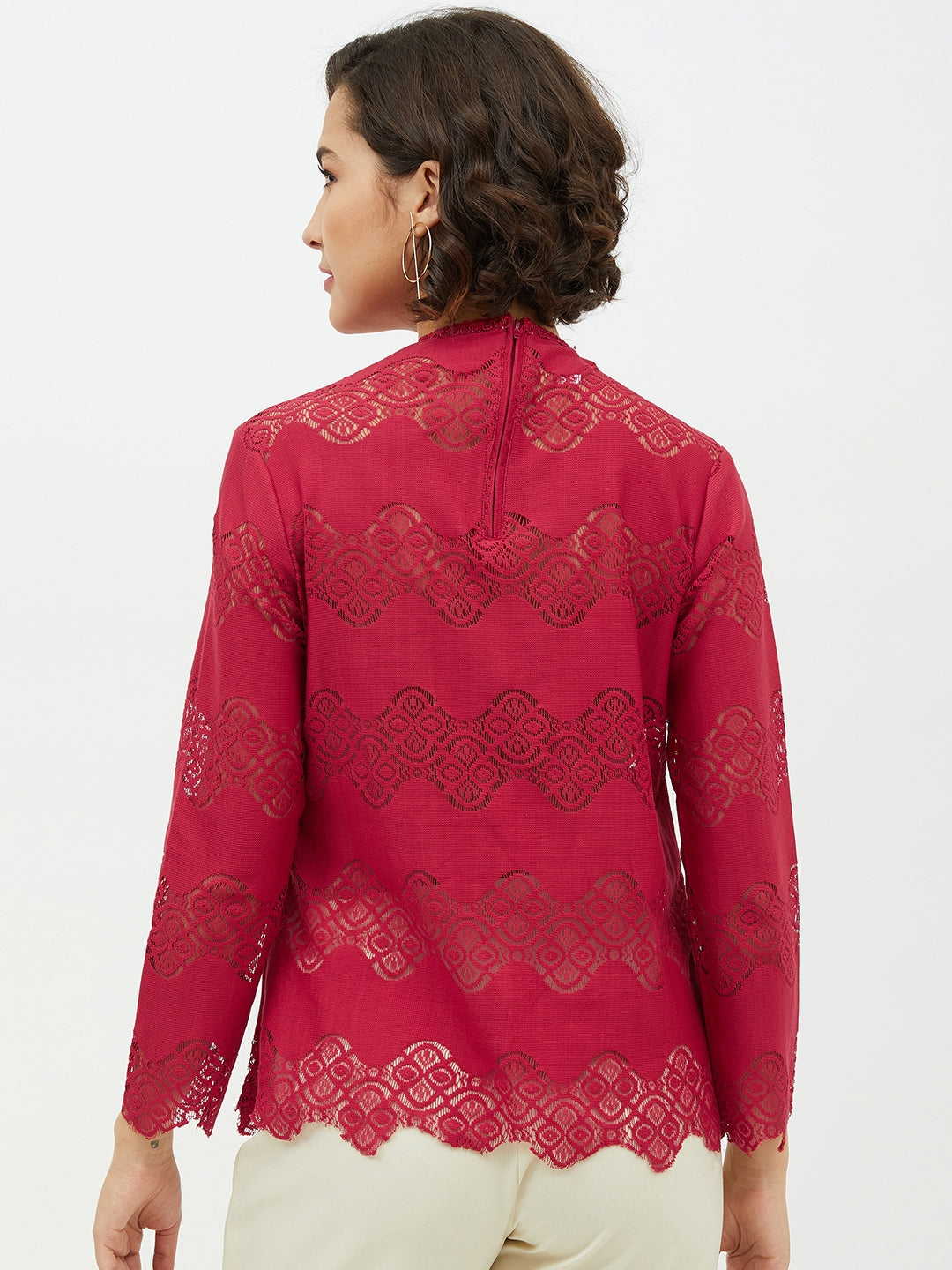 Women's Maroon Self Detail Lace Top