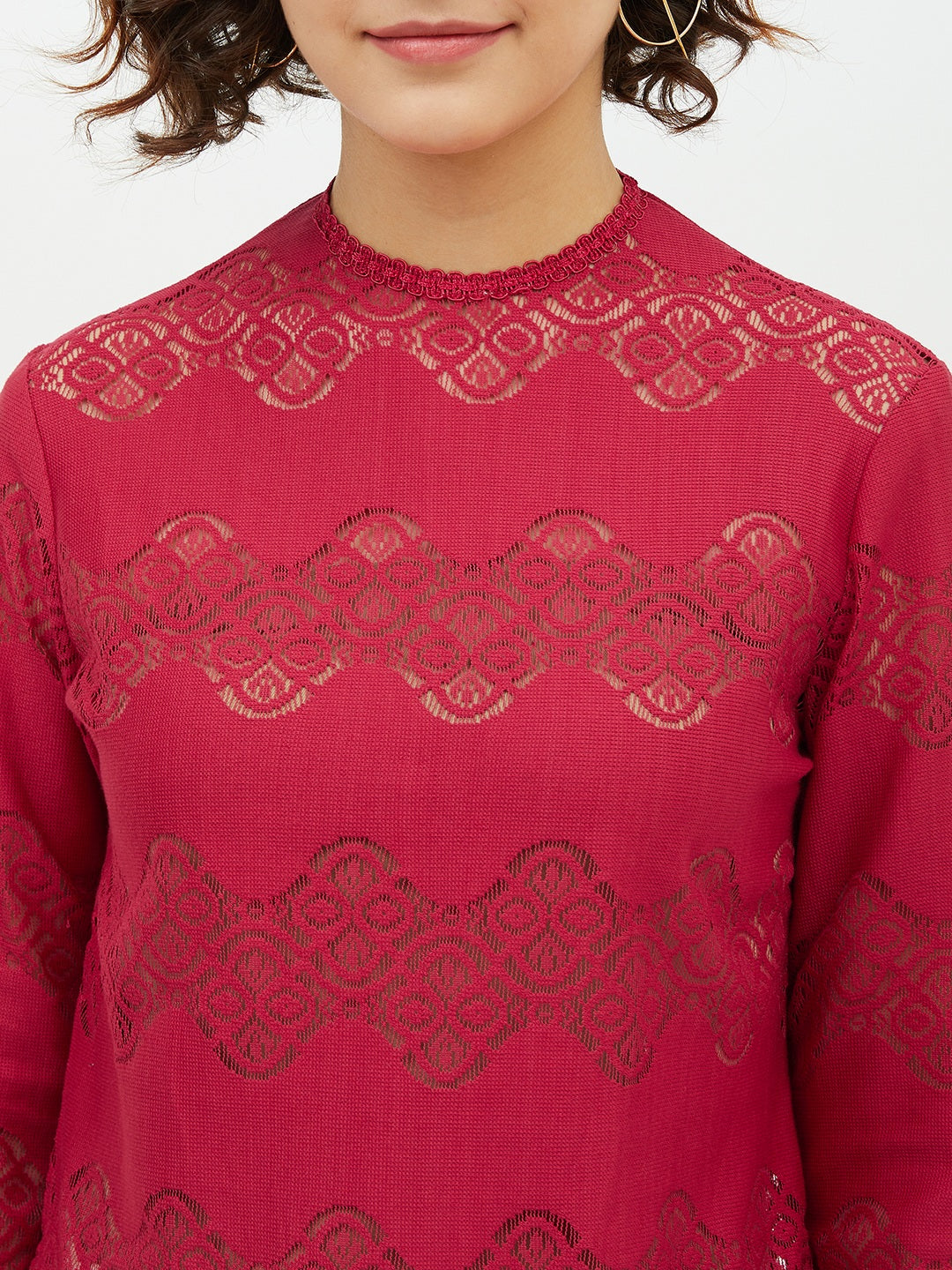 Women's Maroon Self Detail Lace Top