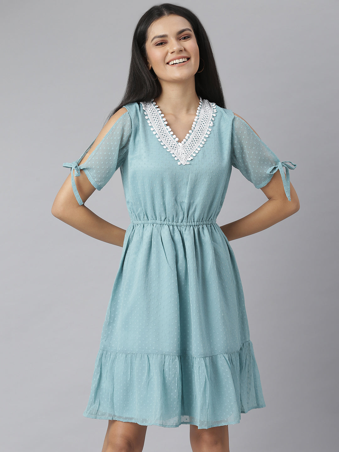 Women's Green Self Design Dress with Neck Lace