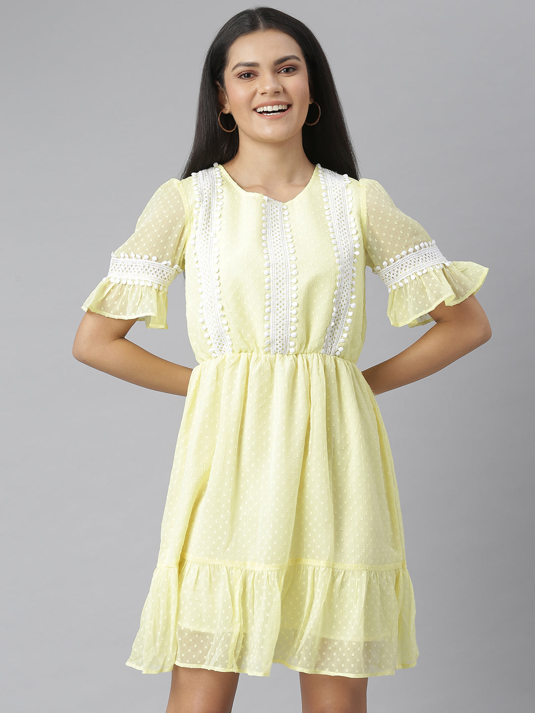 Women's Yellow Self Design Dress with Lace Insets
