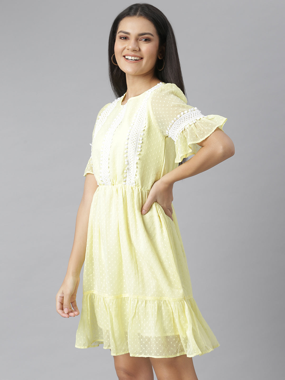 Women's Yellow Self Design Dress with Lace Insets