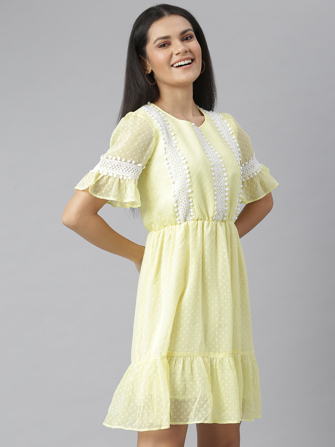 Women's Yellow Self Design Dress with Lace Insets