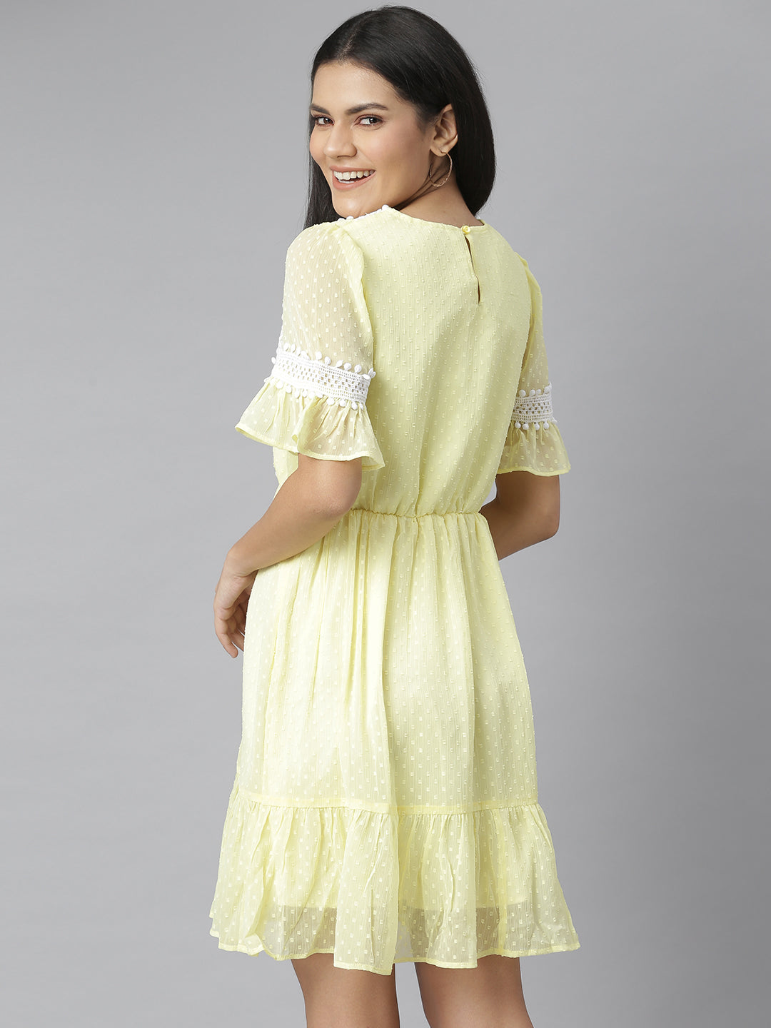 Women's Yellow Self Design Dress with Lace Insets