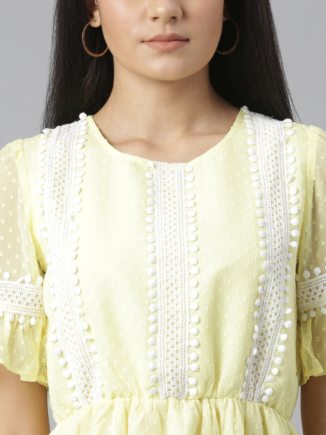 Women's Yellow Self Design Dress with Lace Insets
