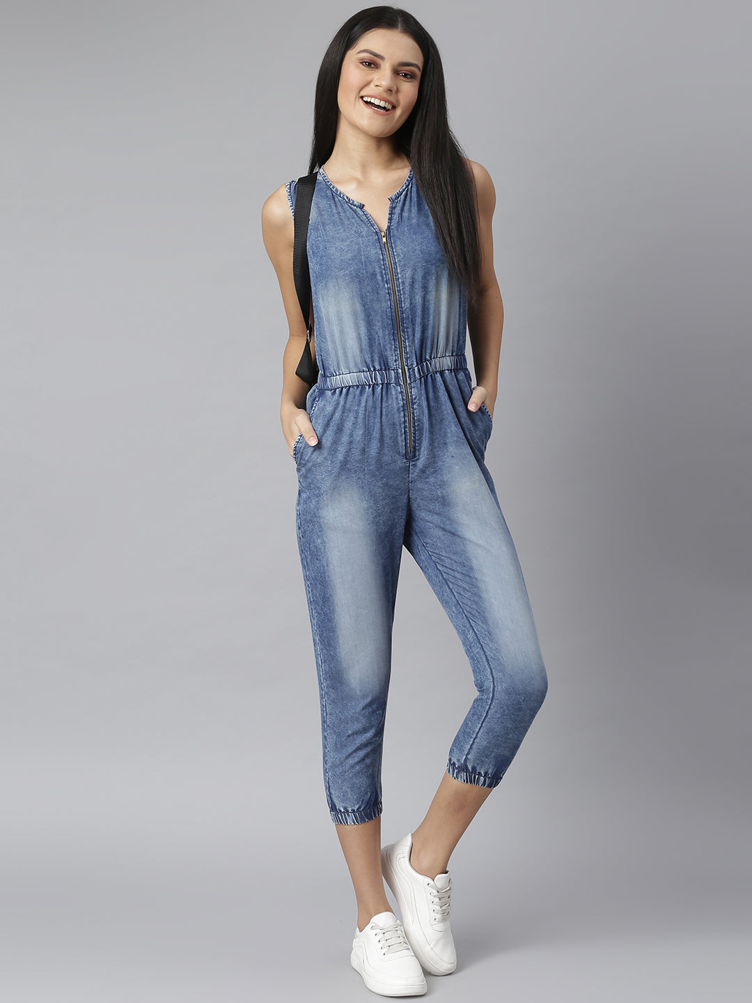 Women's Blue Denim Jumpsuit with front Zip