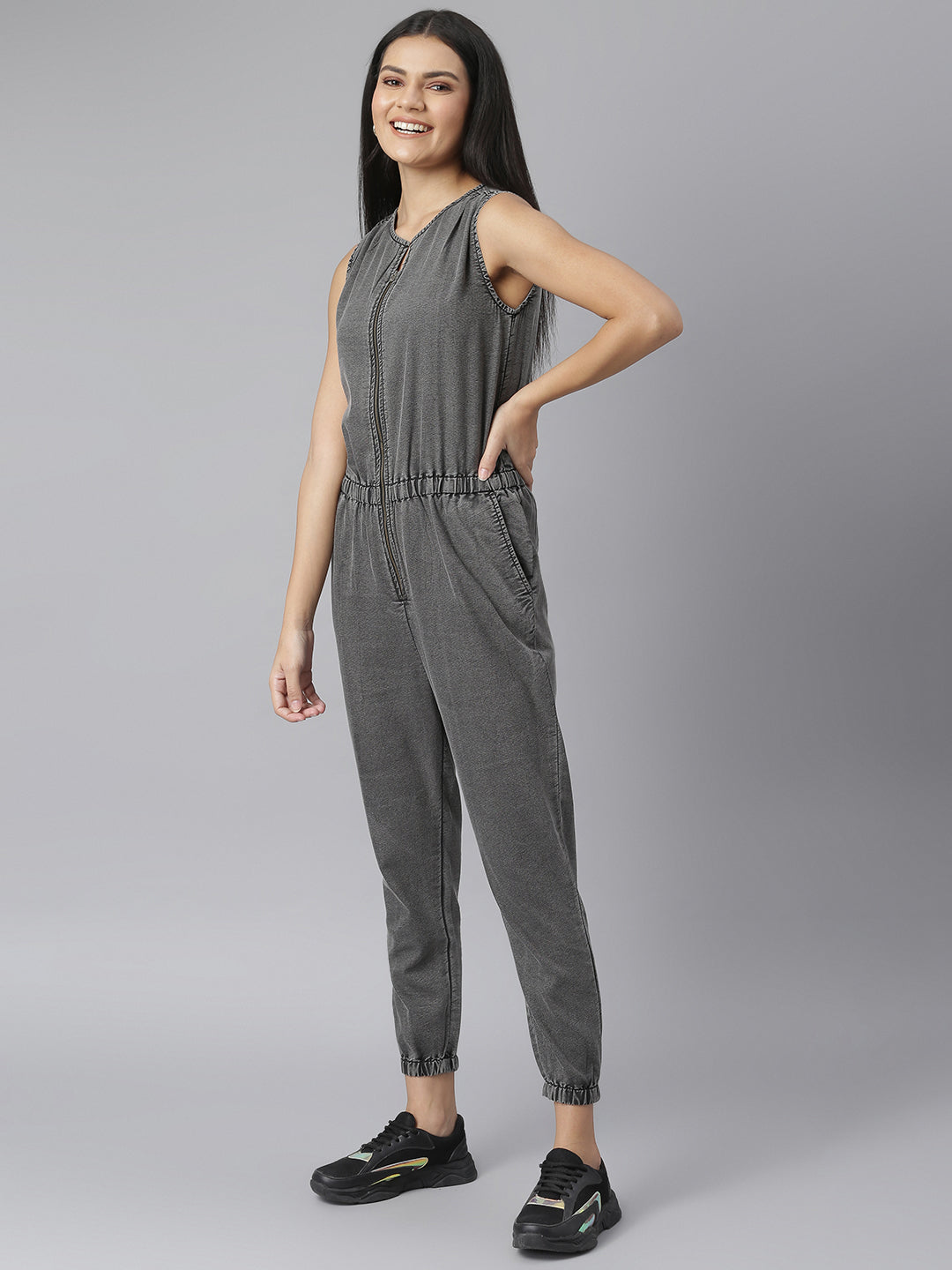 Women's Grey Denim Jumpsuit with front Zip