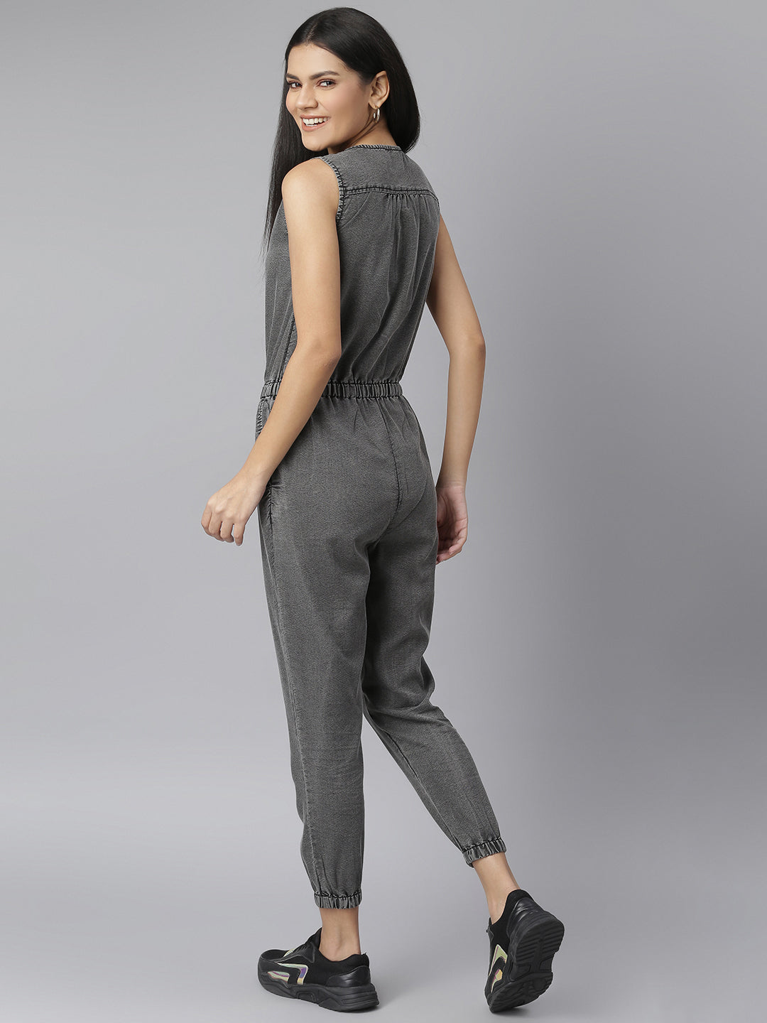 Women's Grey Denim Jumpsuit with front Zip