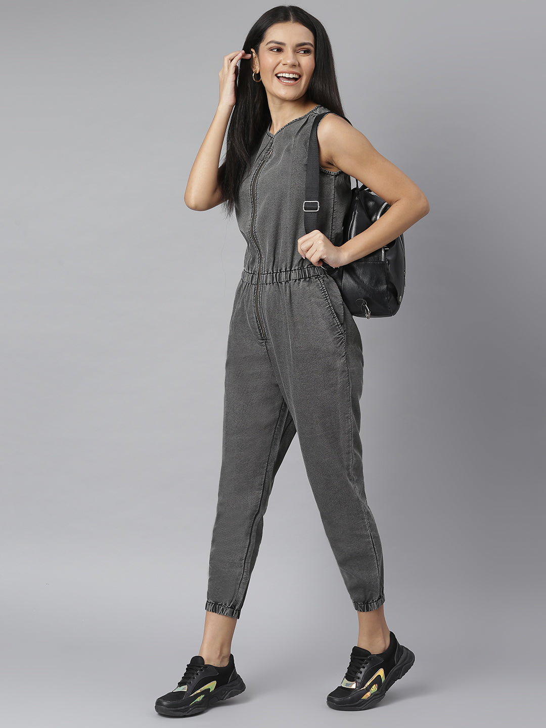 Women's Grey Denim Jumpsuit with front Zip