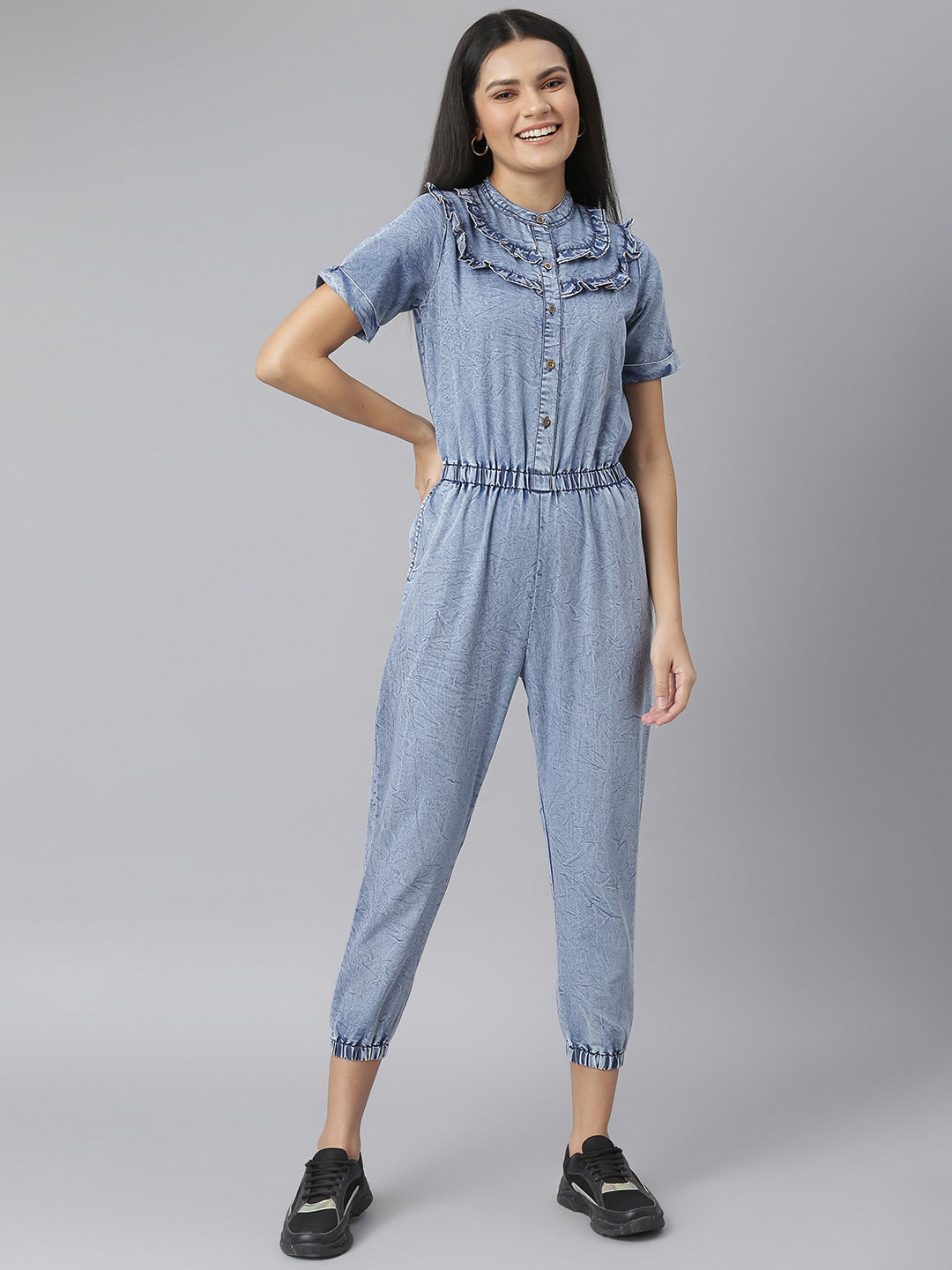 Women's Ruffled Denim Jumpsuit with front button