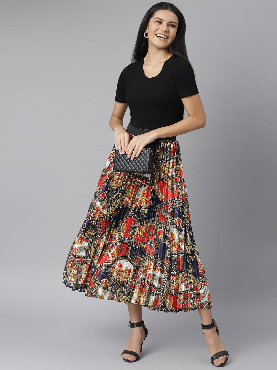 Women's pleated skirt with chain Print
