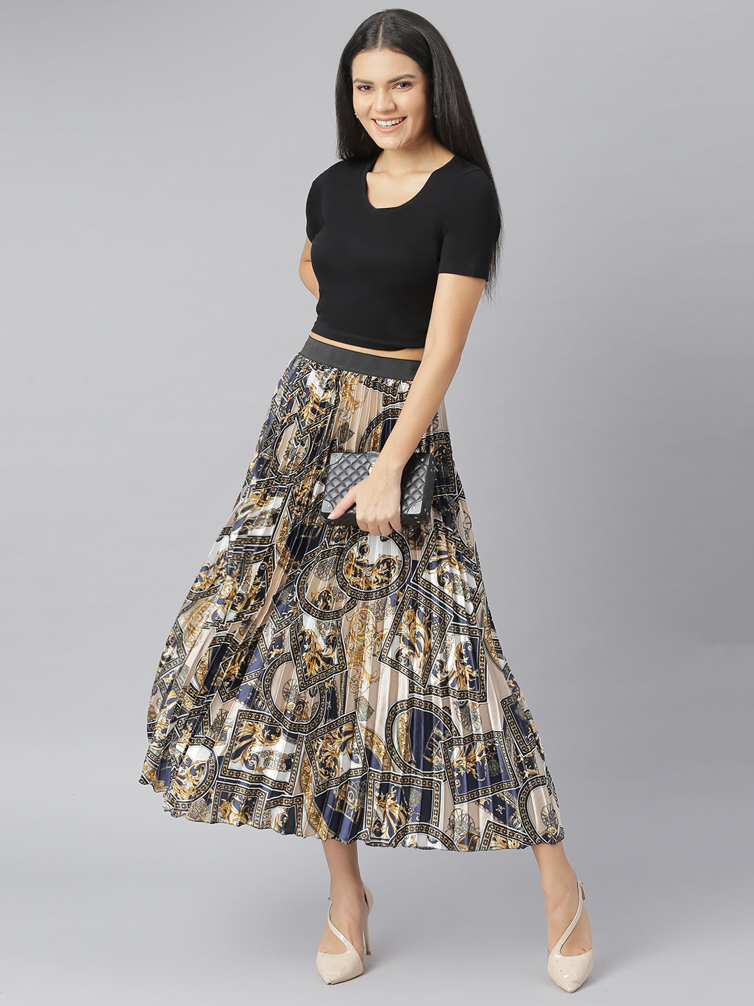 Women's pleated skirt with chain Print