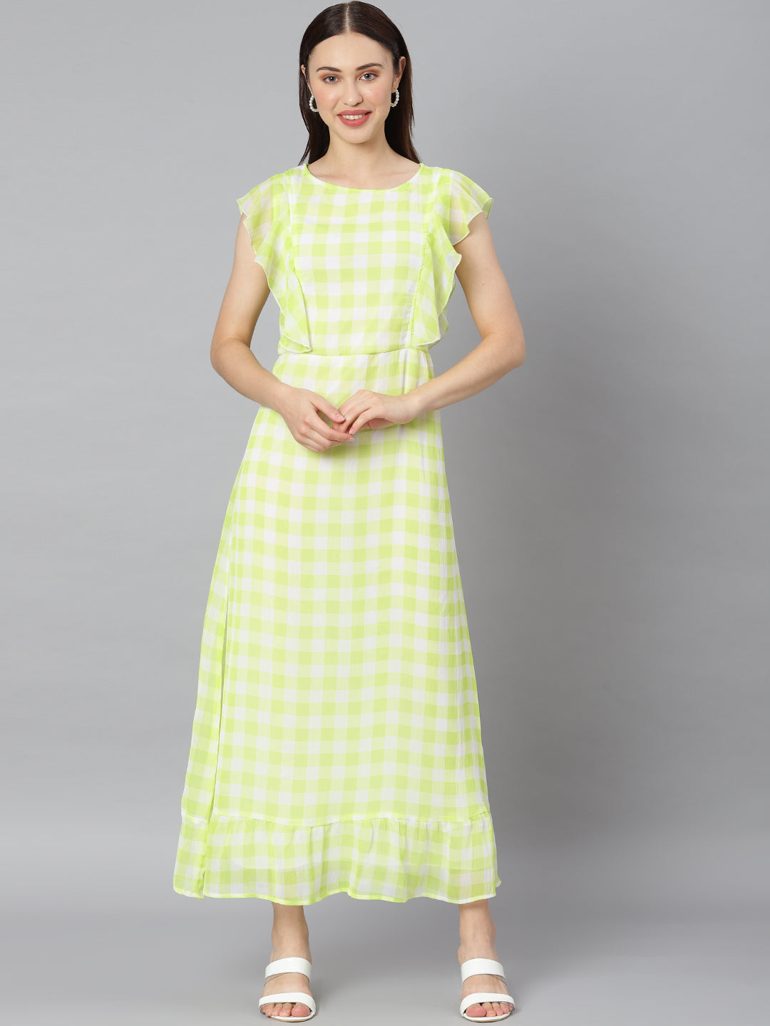 Women's Green Check Polyester Maxi Dress