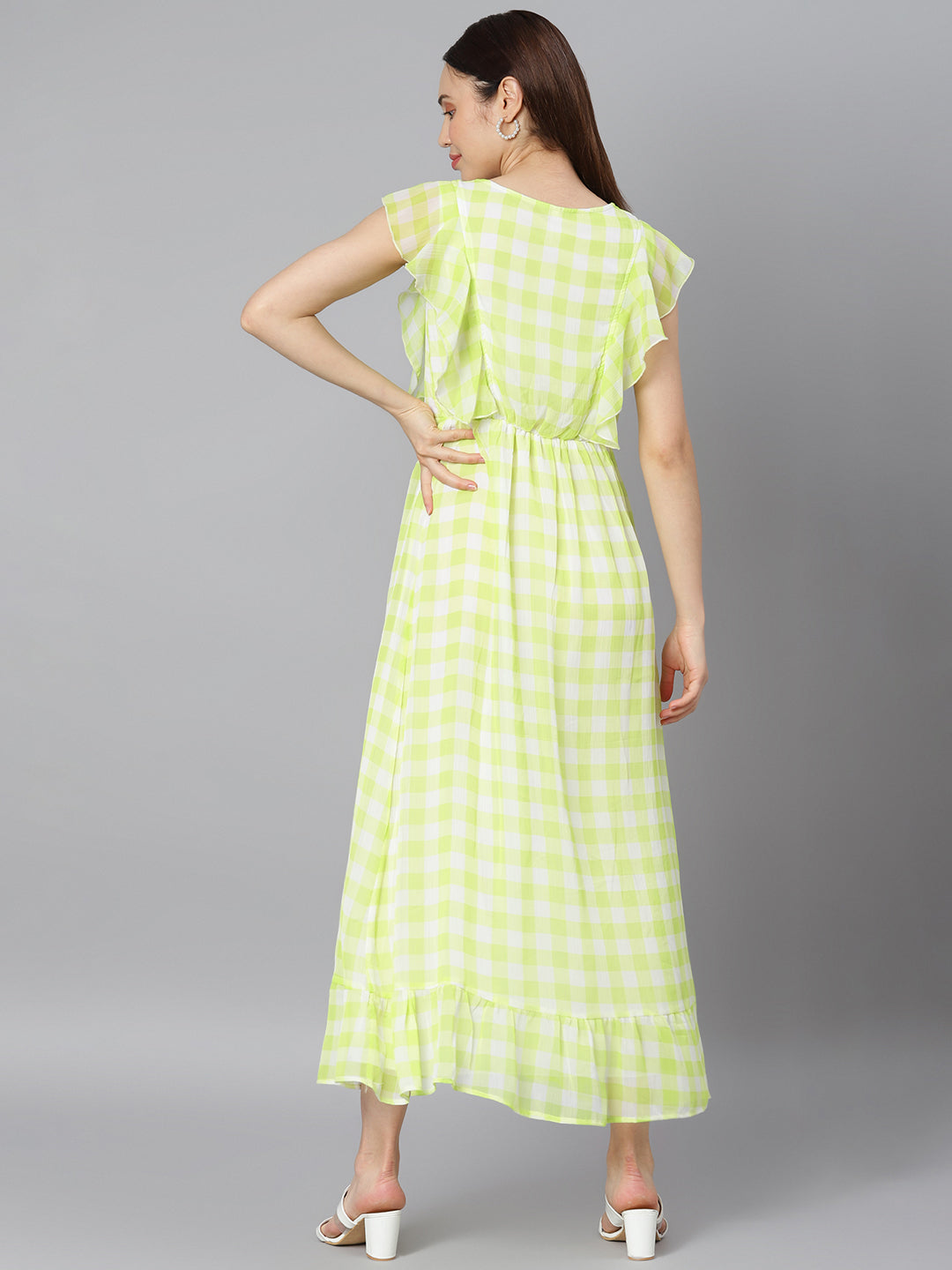 Women's Green Check Polyester Maxi Dress