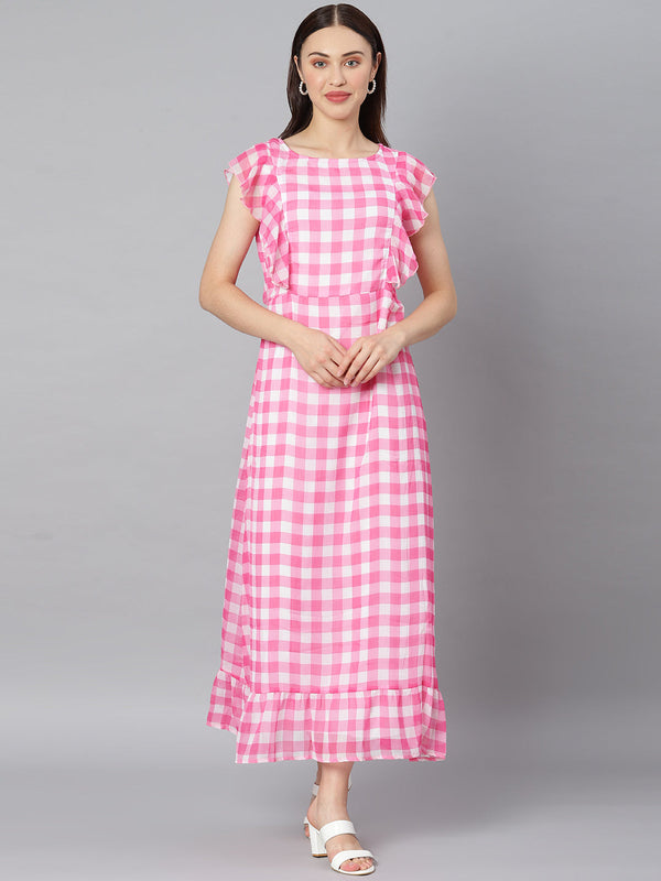Women's Pink Check Polyester Maxi Dress