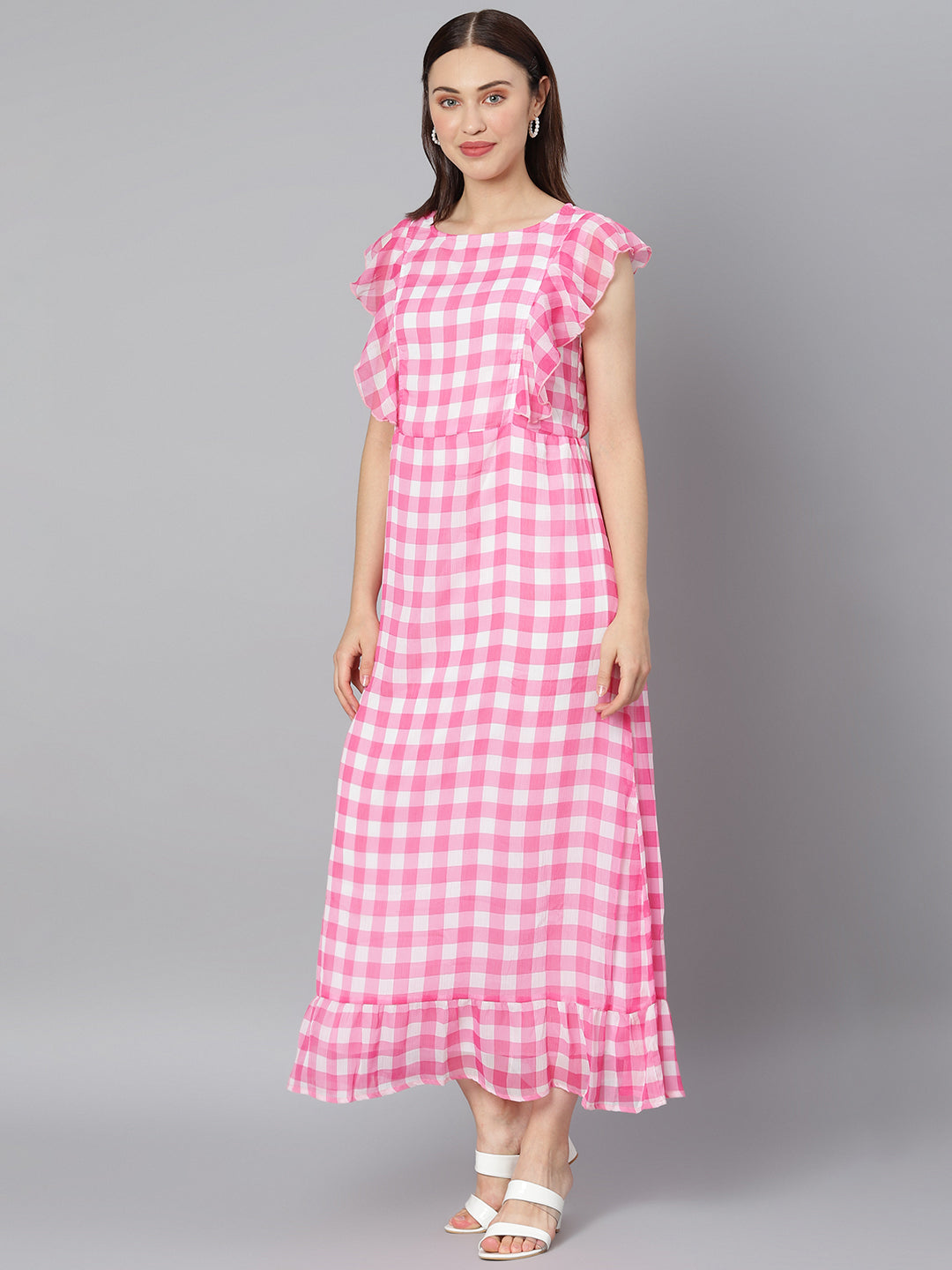 Women's Pink Check Polyester Maxi Dress