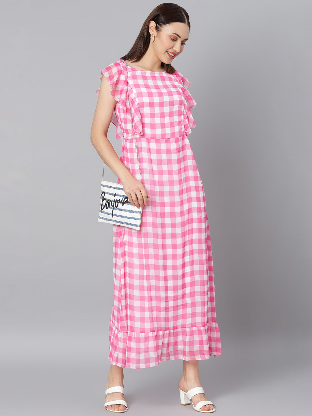 Women's Pink Check Polyester Maxi Dress