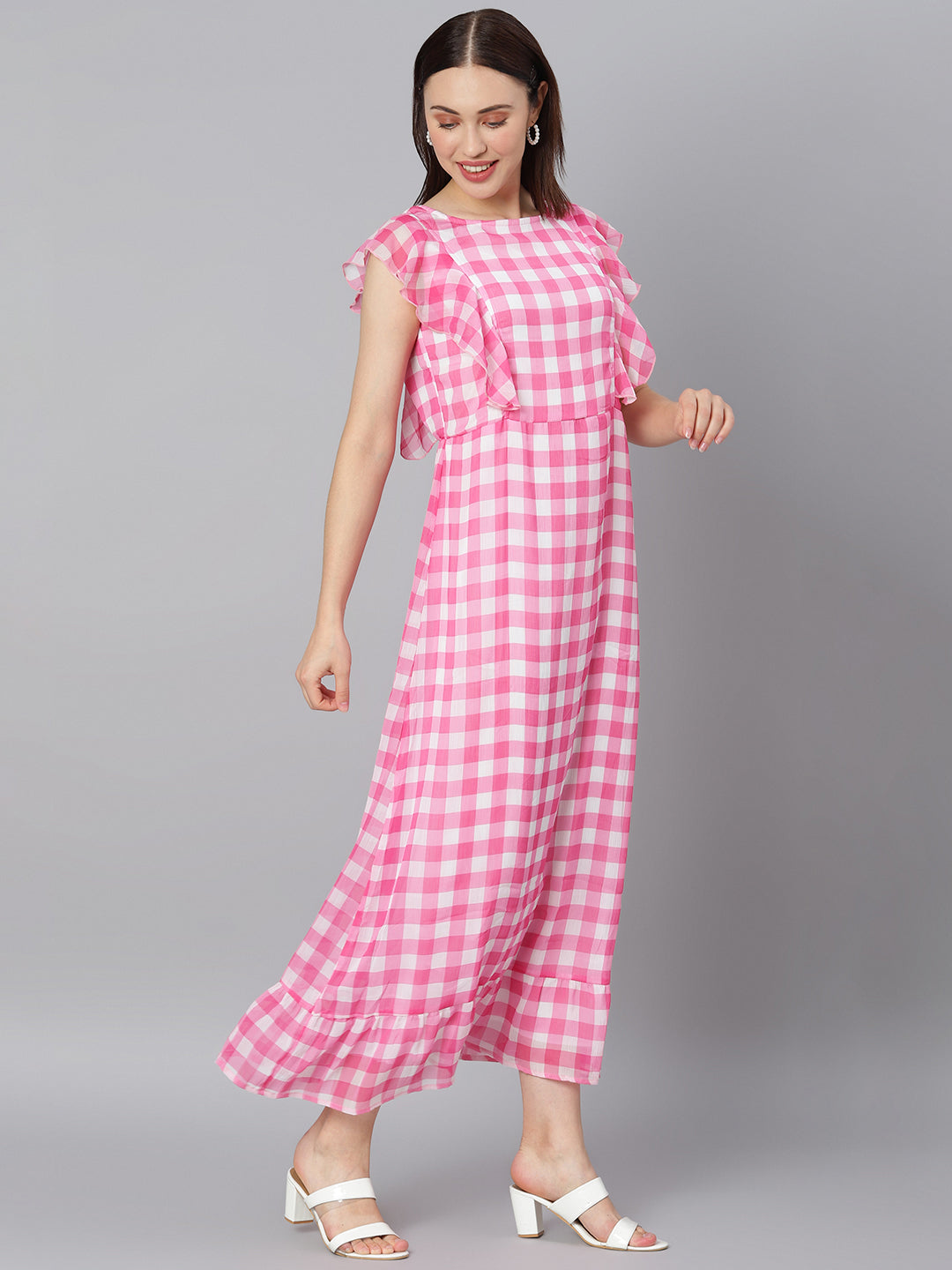 Women's Pink Check Polyester Maxi Dress