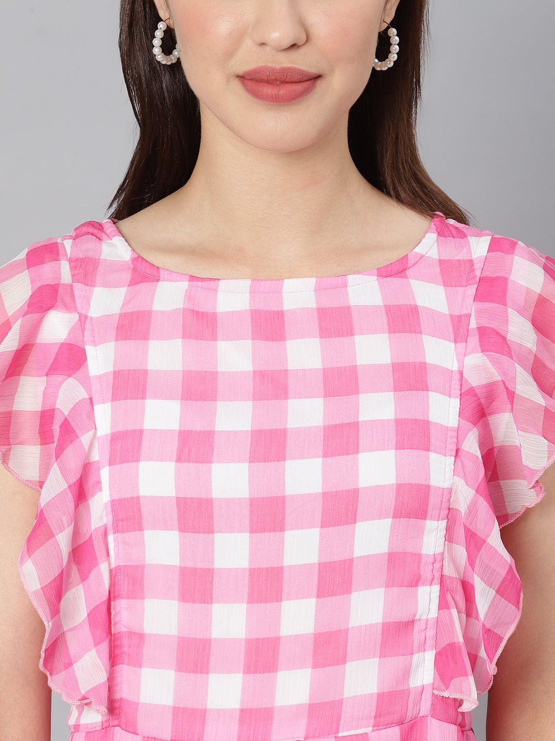 Women's Pink Check Polyester Maxi Dress