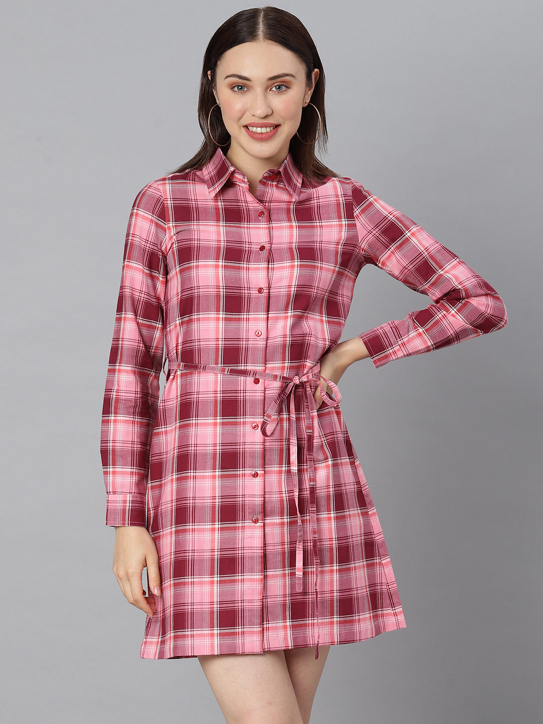 Women's Cotton Pink Check Shirt Dress