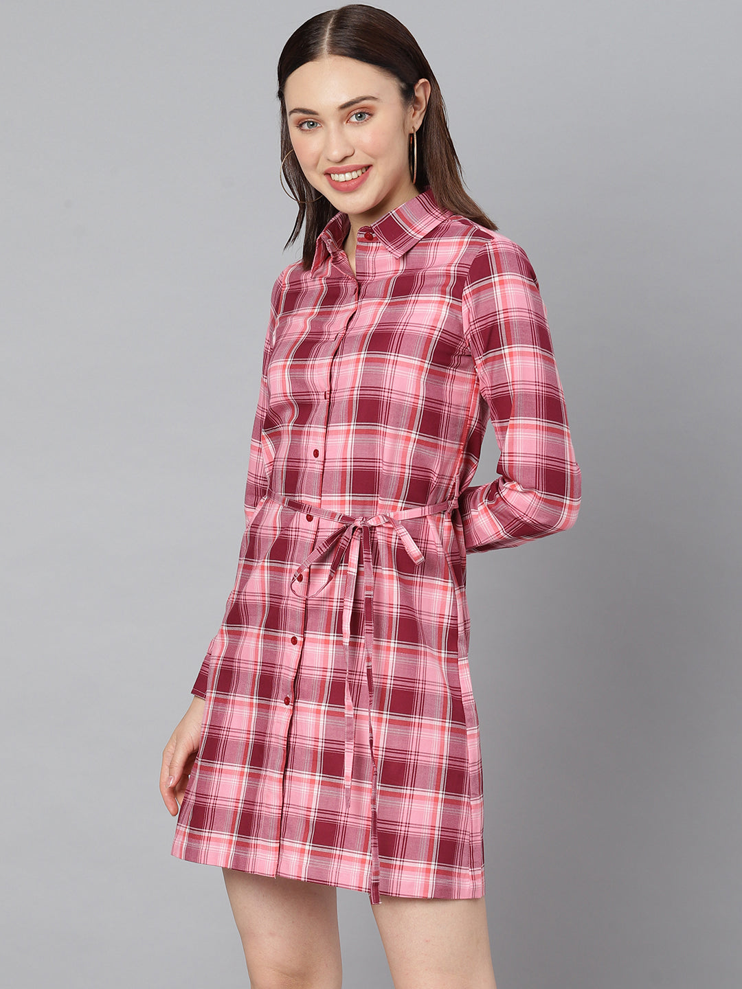 Women's Cotton Pink Check Shirt Dress