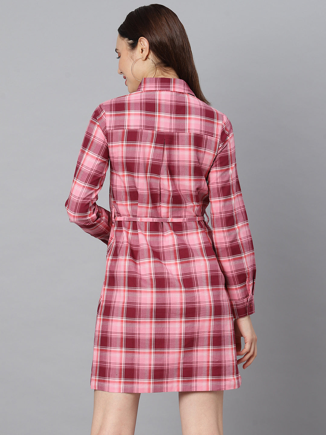 Women's Cotton Pink Check Shirt Dress