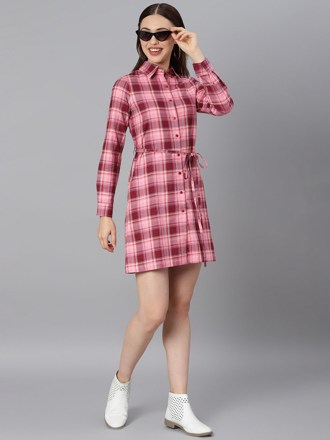 Women's Cotton Pink Check Shirt Dress