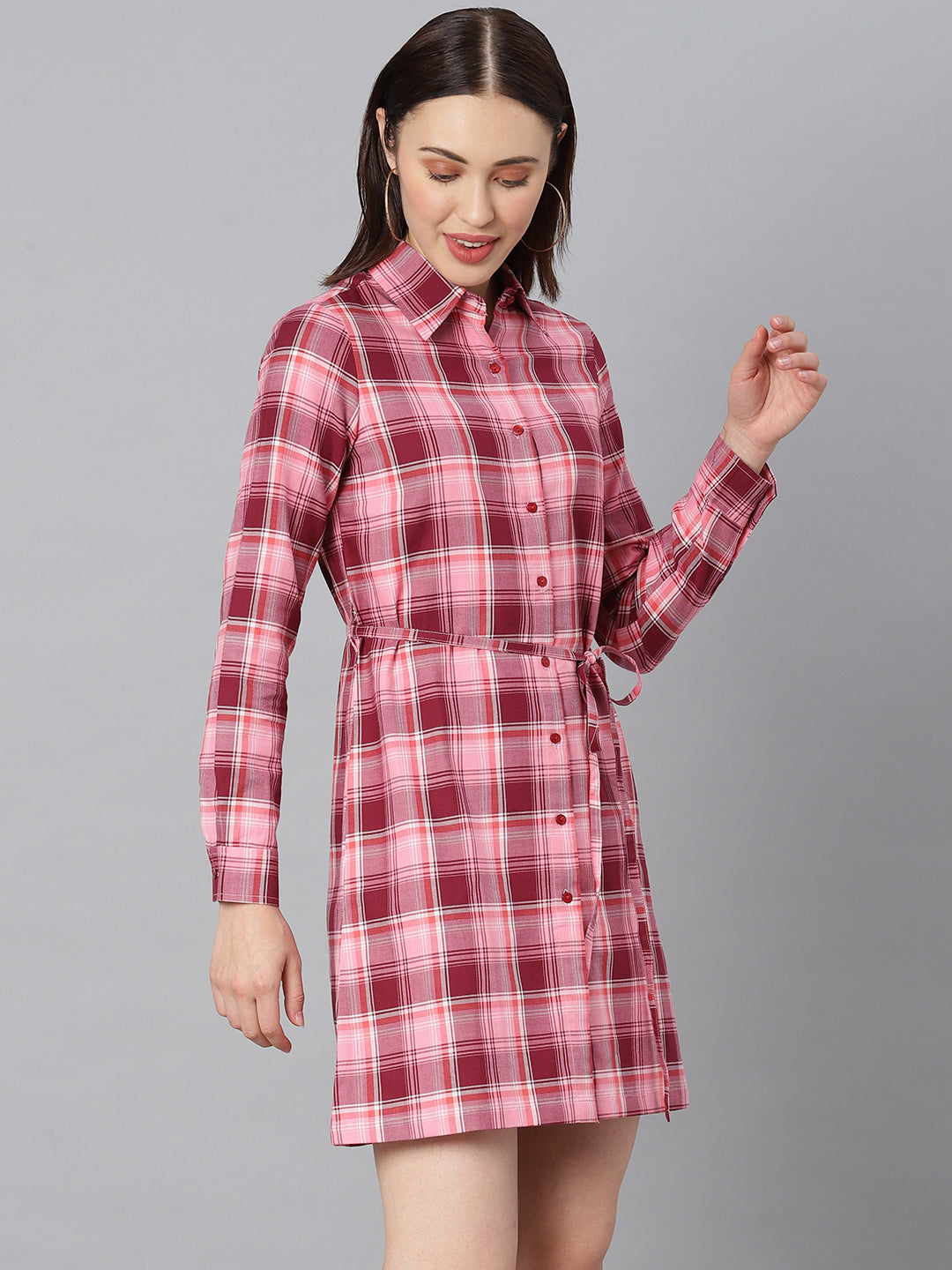 Women's Cotton Pink Check Shirt Dress