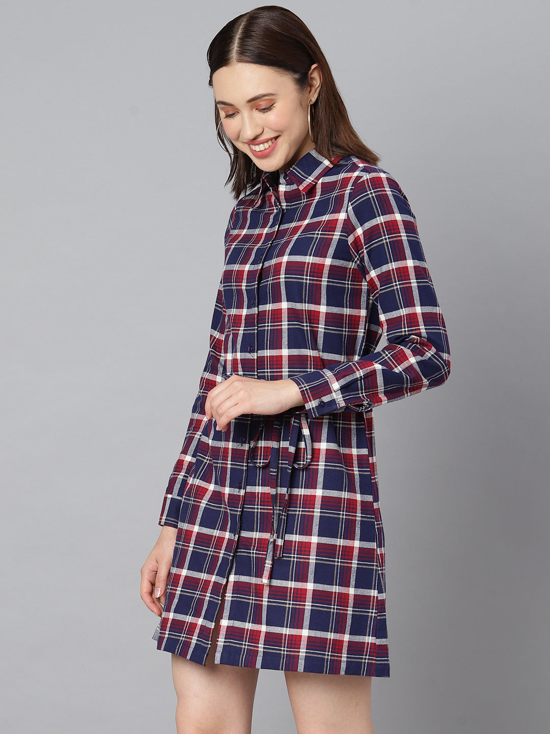 Women's Cotton Pink Check Shirt Dress