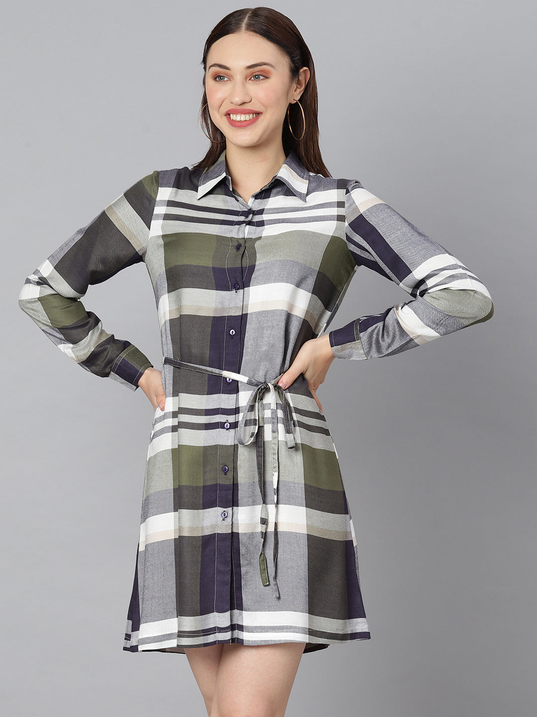 Women's Cotton Olive & White Check Shirt Dress