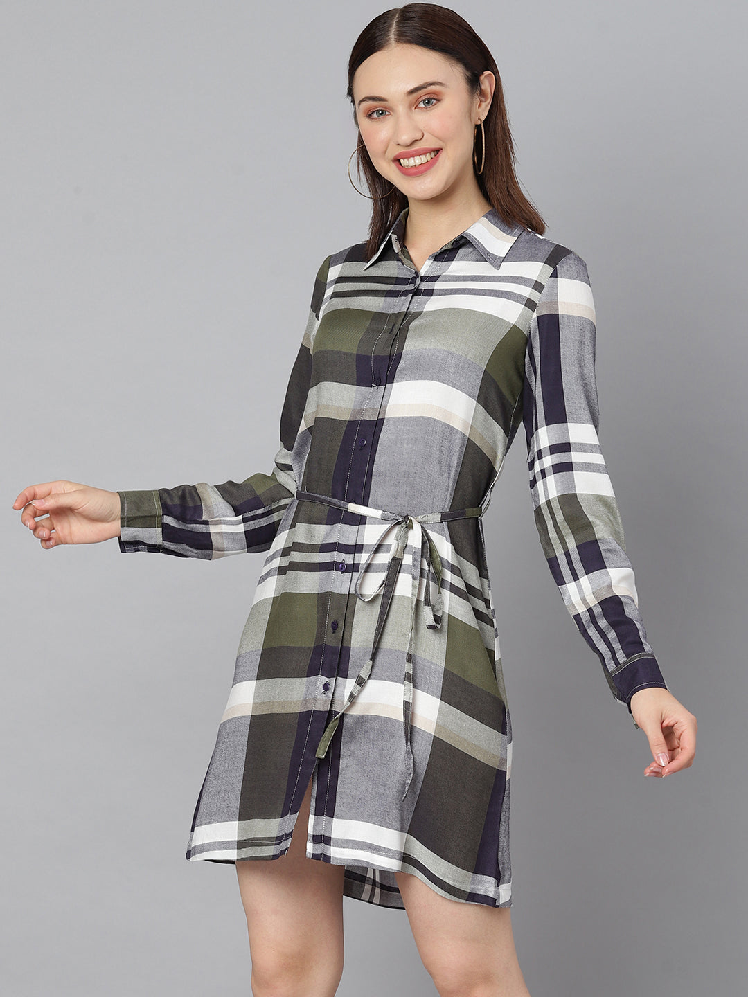 Women's Cotton Olive & White Check Shirt Dress