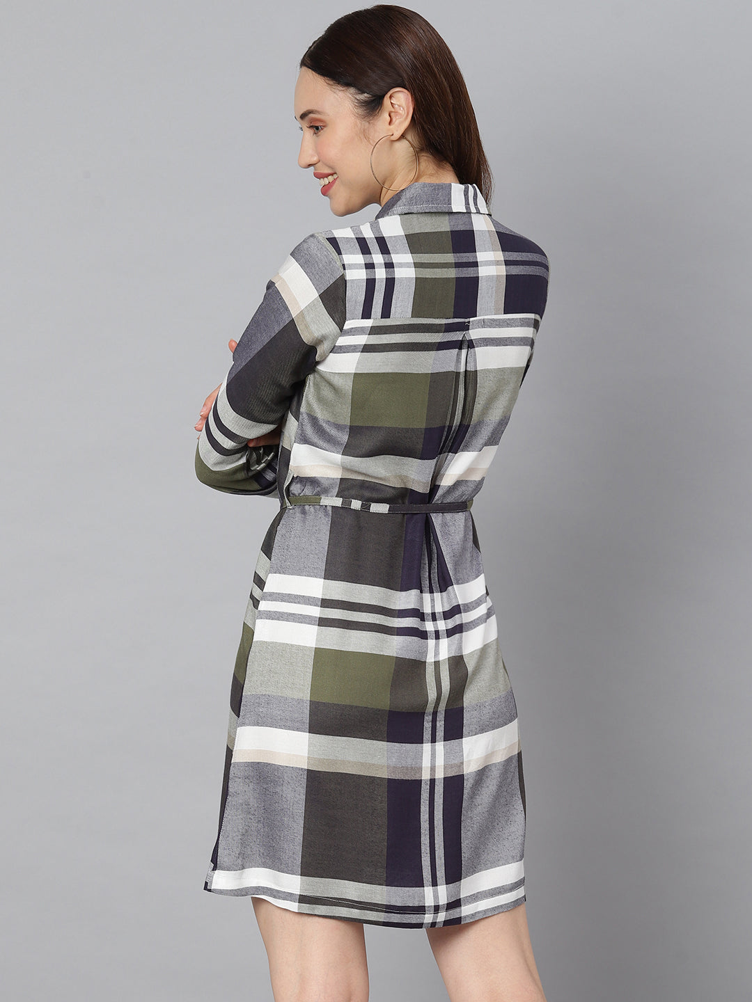 Women's Cotton Olive & White Check Shirt Dress