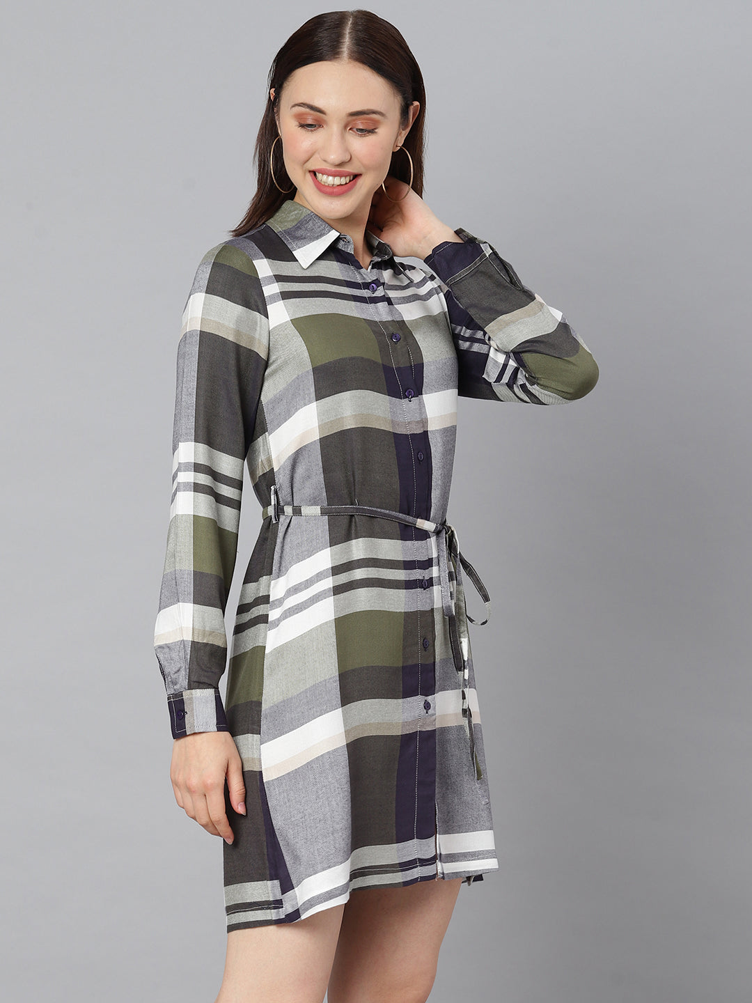 Women's Cotton Olive & White Check Shirt Dress