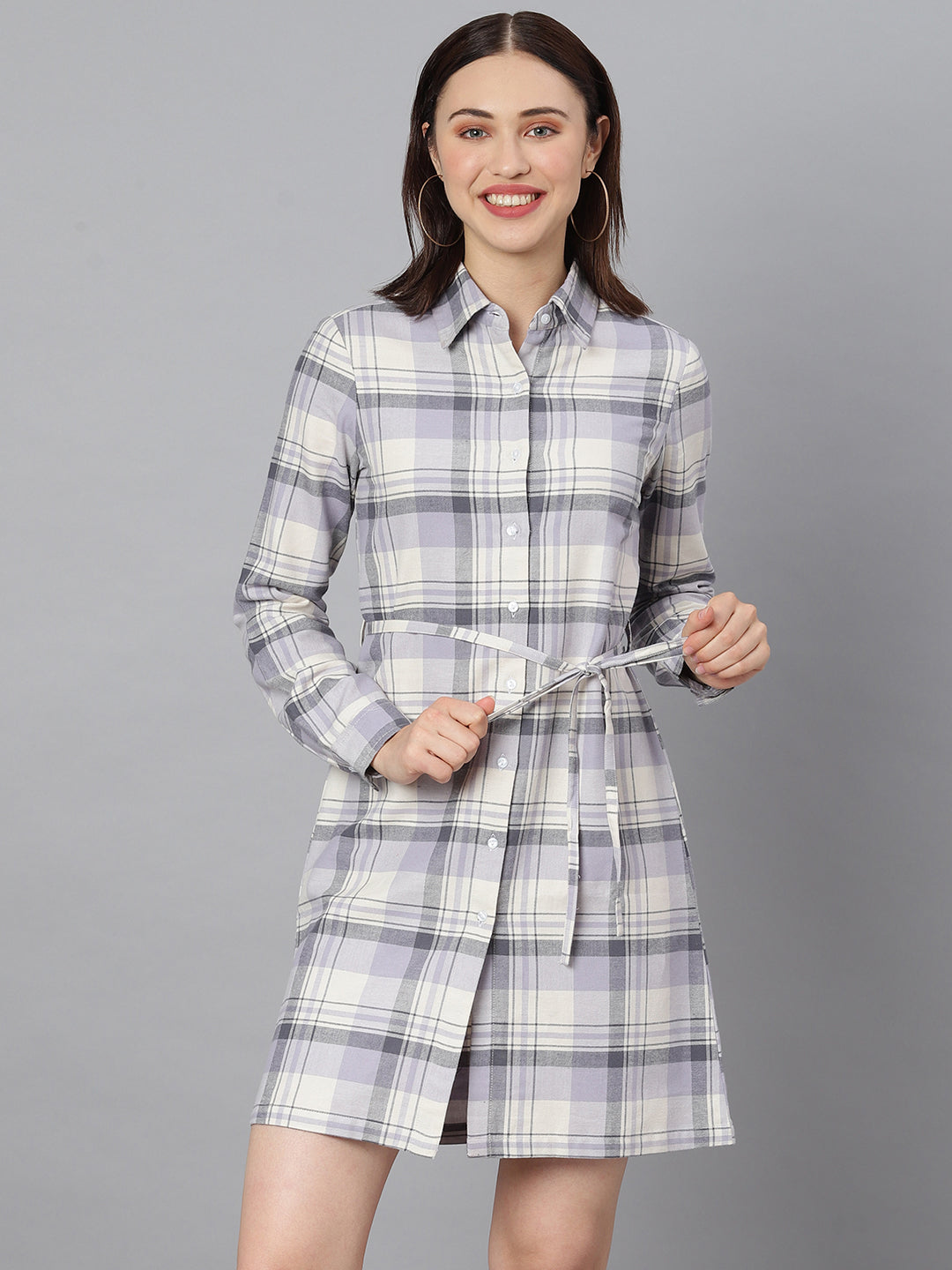 Women's Cotton Grey Check Shirt Dress