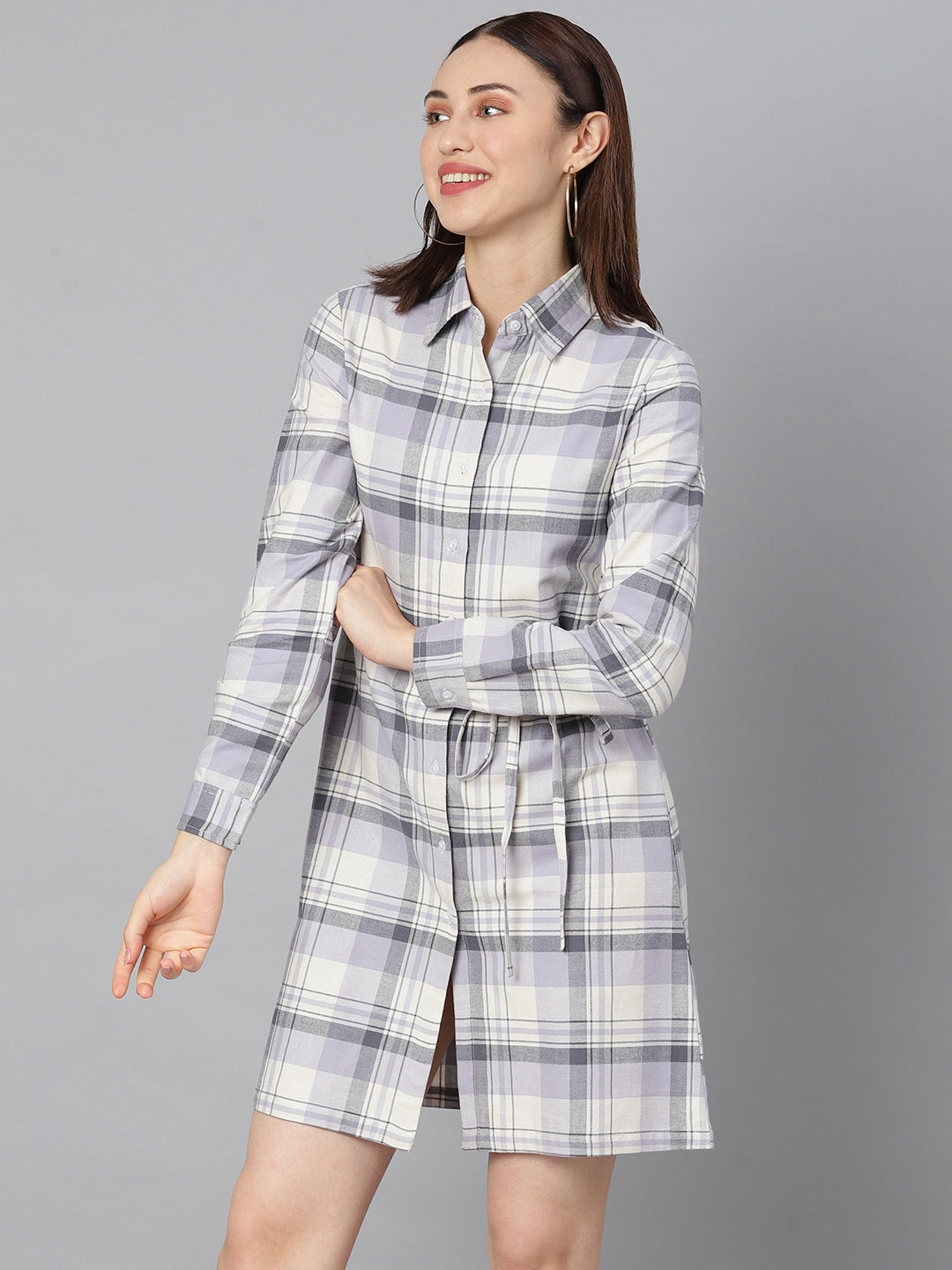 Women's Cotton Grey Check Shirt Dress