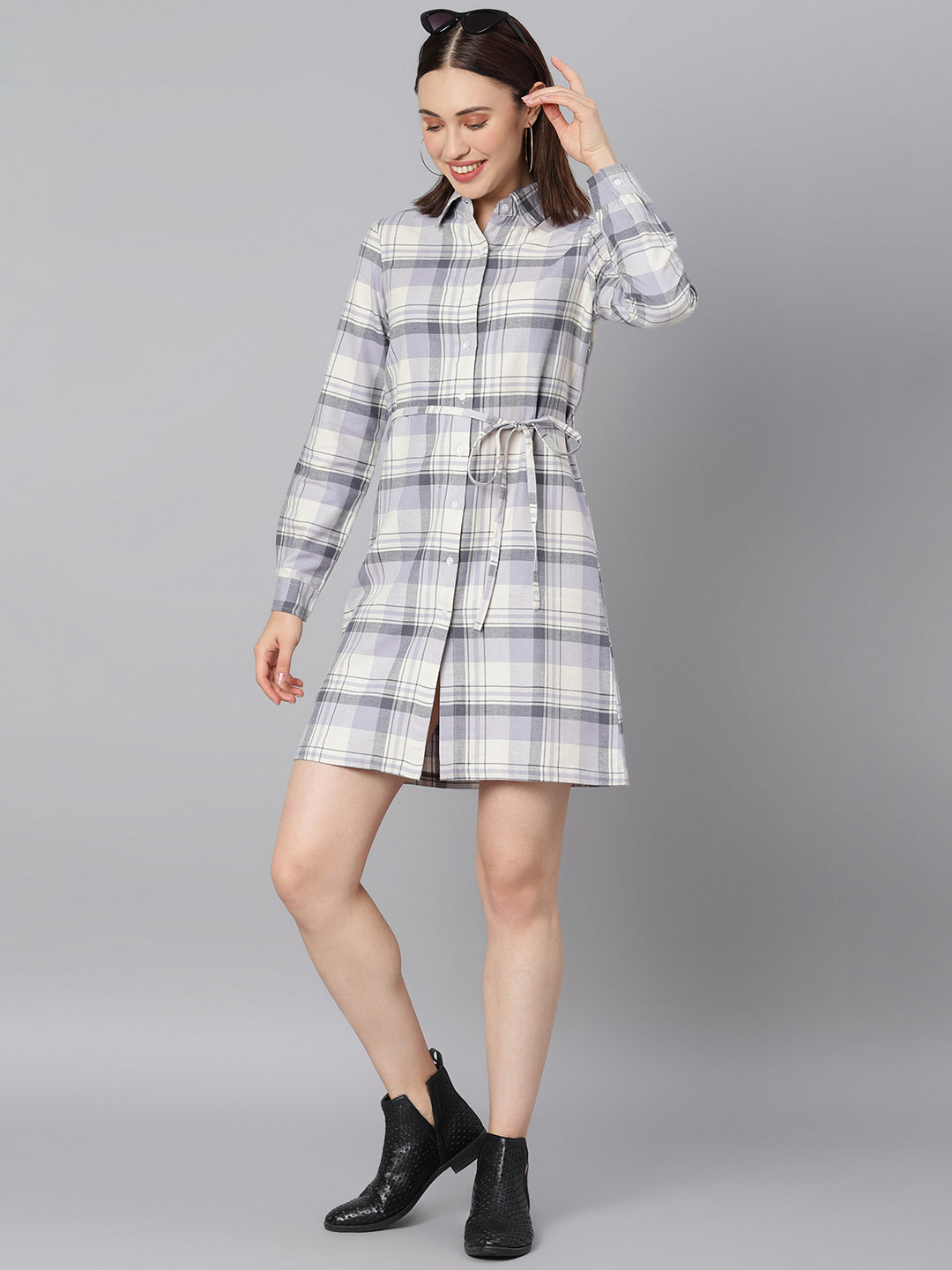 Women's Cotton Grey Check Shirt Dress