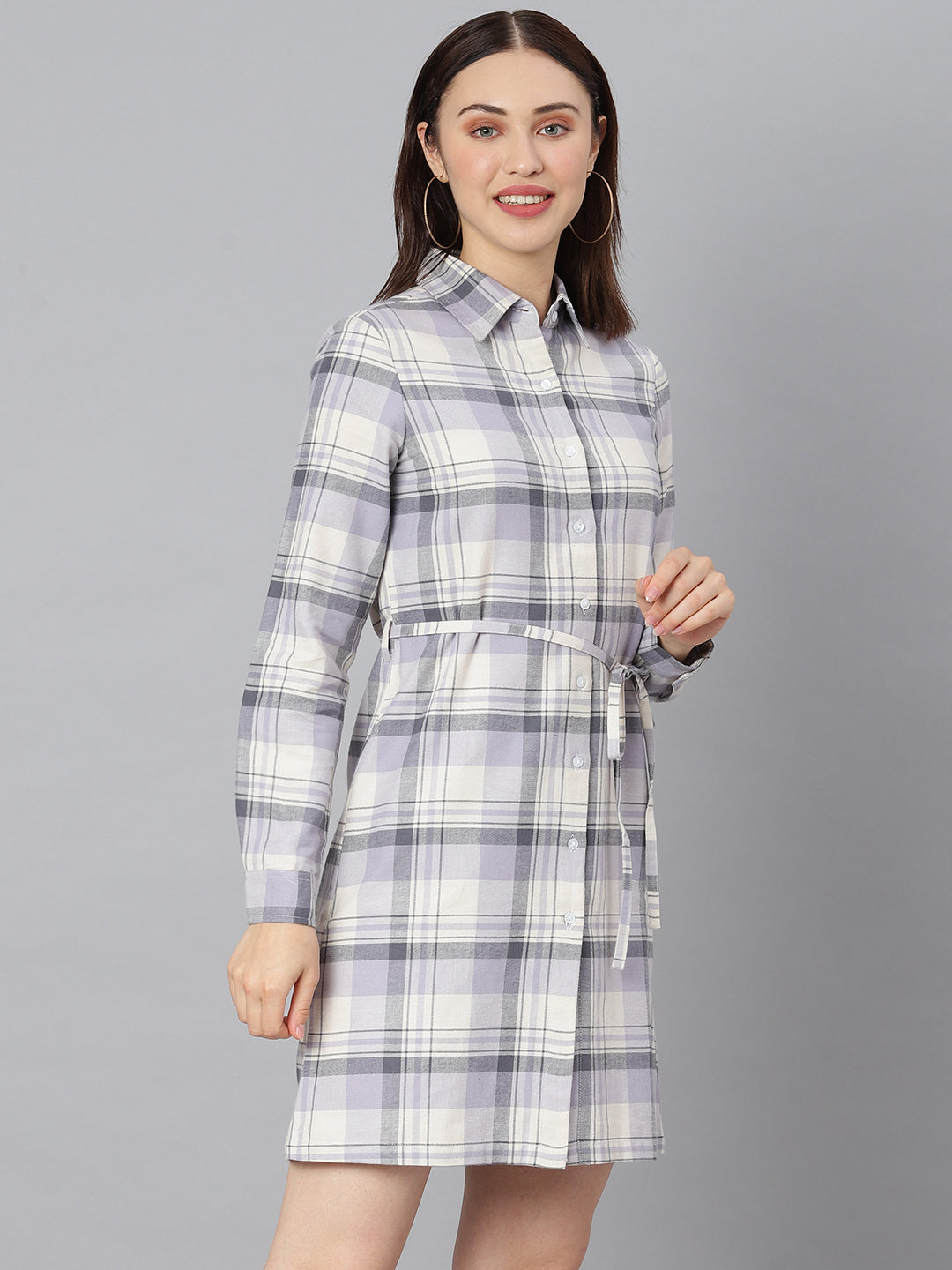 Women's Cotton Grey Check Shirt Dress