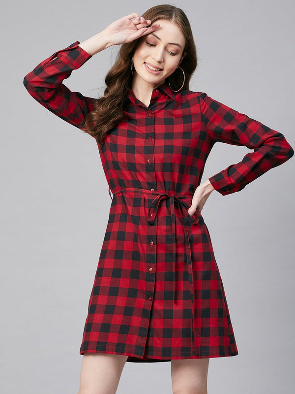 Women's Cotton Red Check Shirt Dress