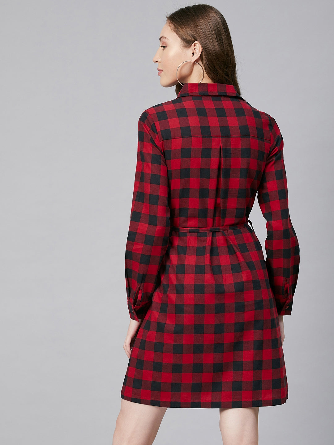 Women's Cotton Red Check Shirt Dress