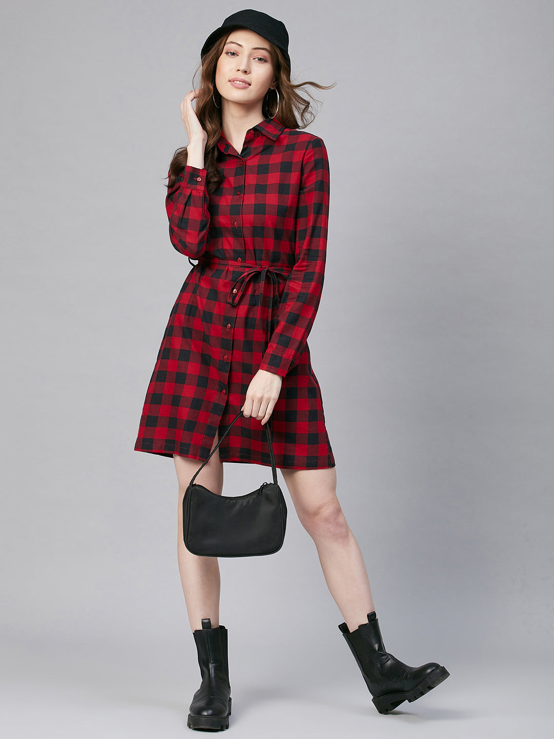 Women's Cotton Red Check Shirt Dress