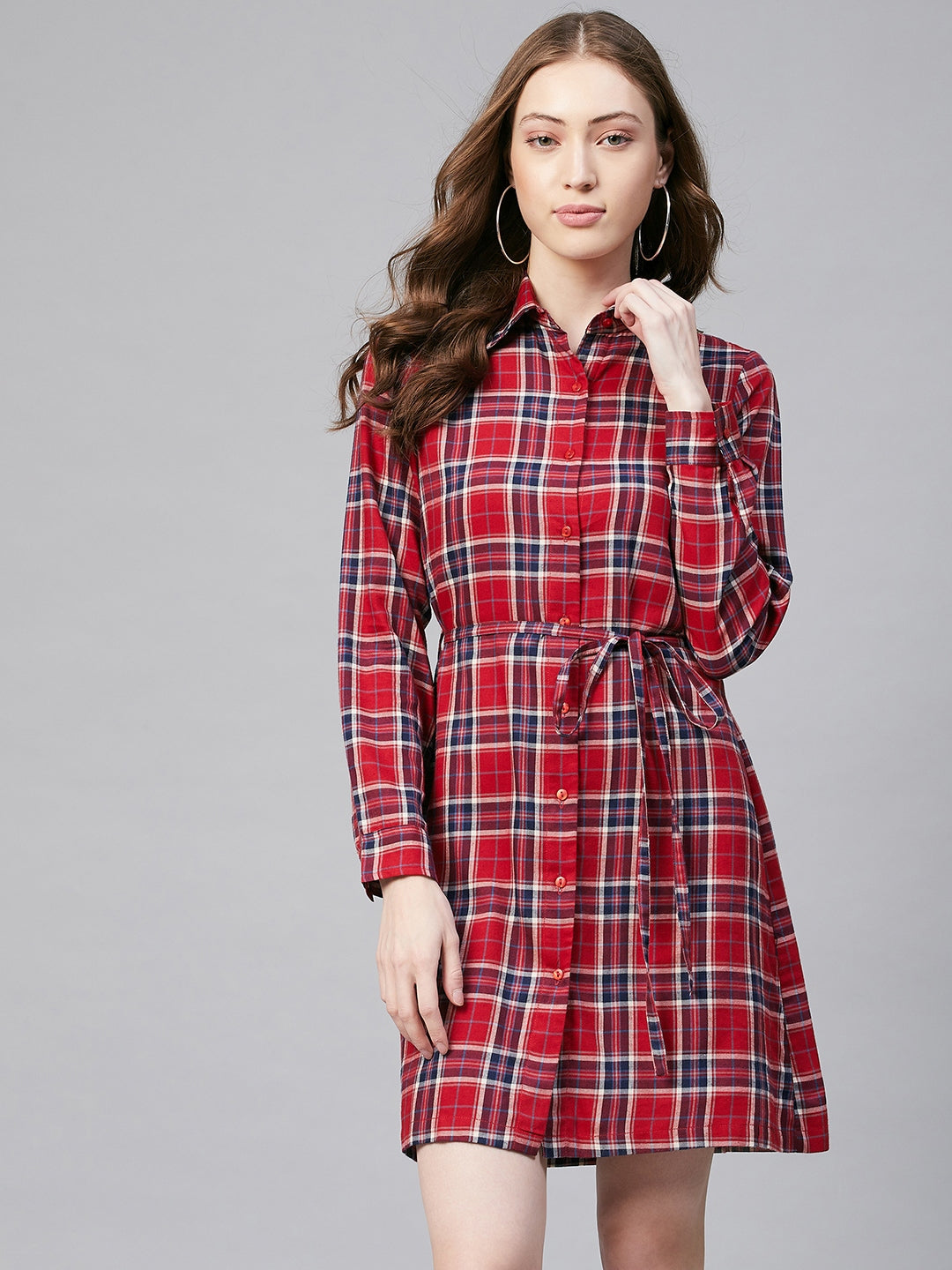 Women's Cotton Red & Blue Check Shirt Dress