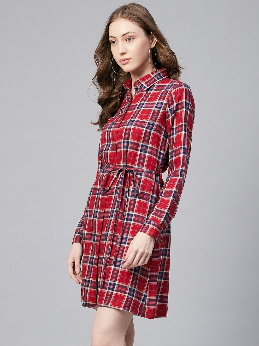 Women's Cotton Red & Blue Check Shirt Dress