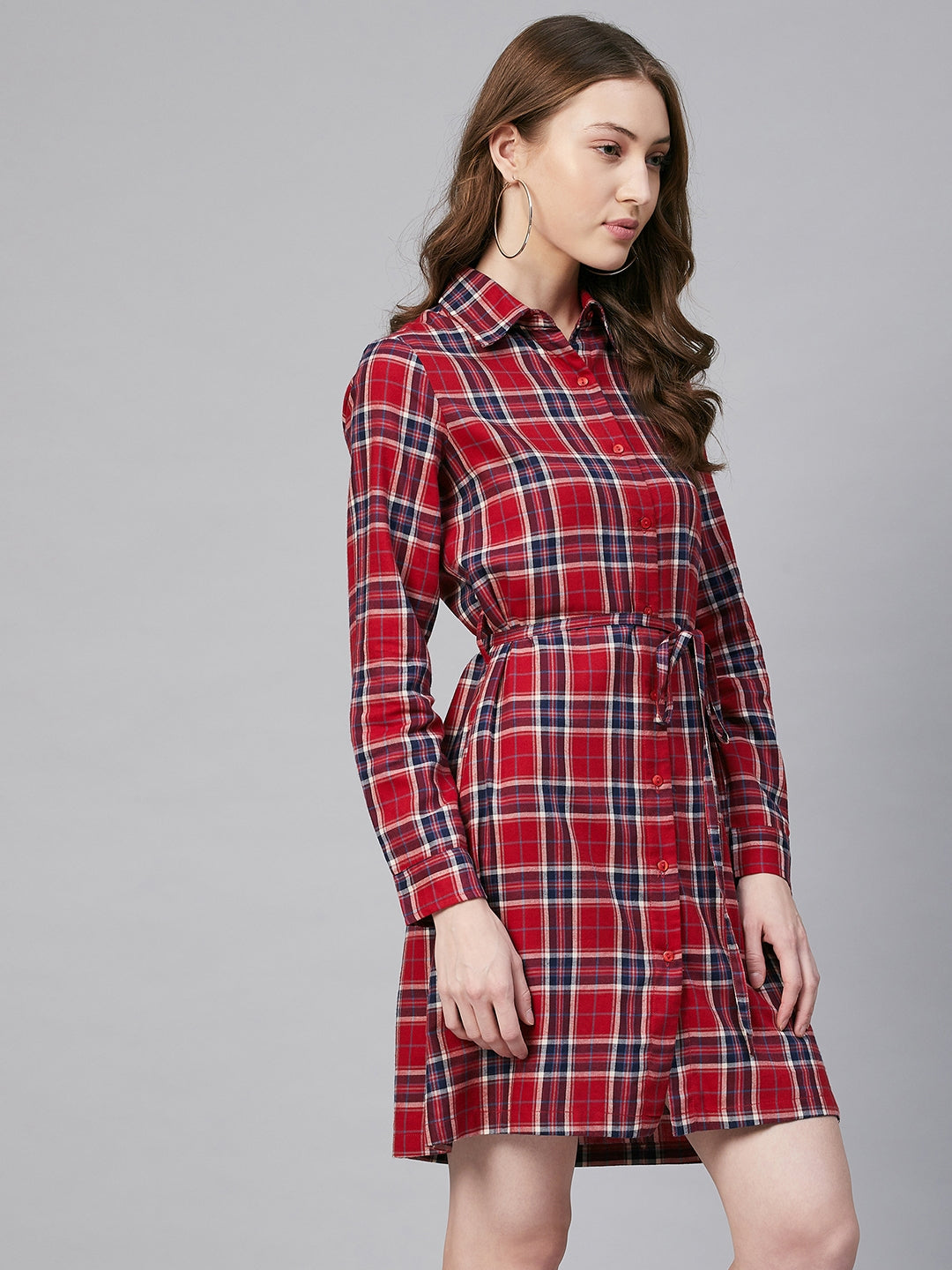 Women's Cotton Red & Blue Check Shirt Dress