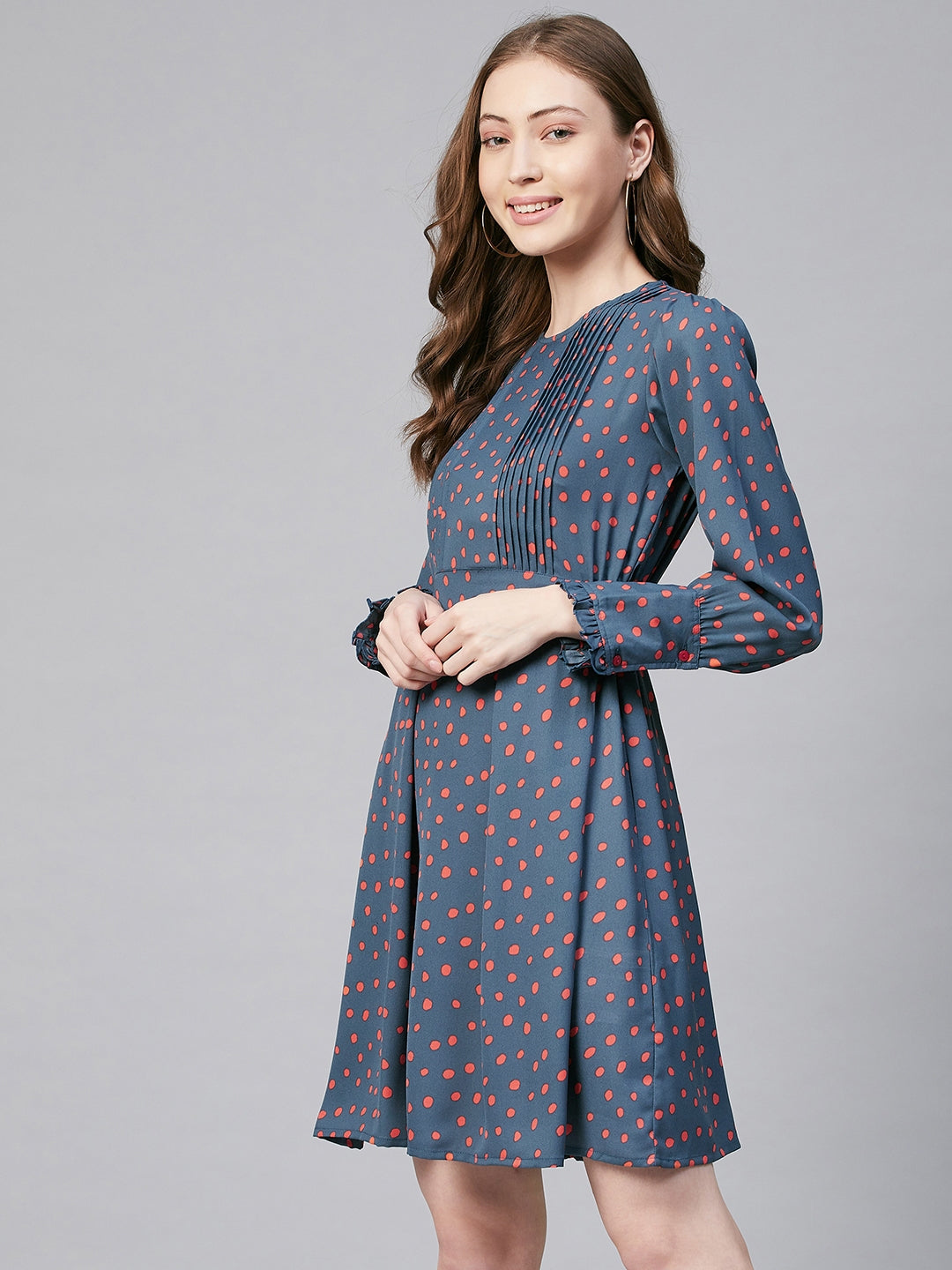 Women's Grey & Coral Polyester Pintuck Dress