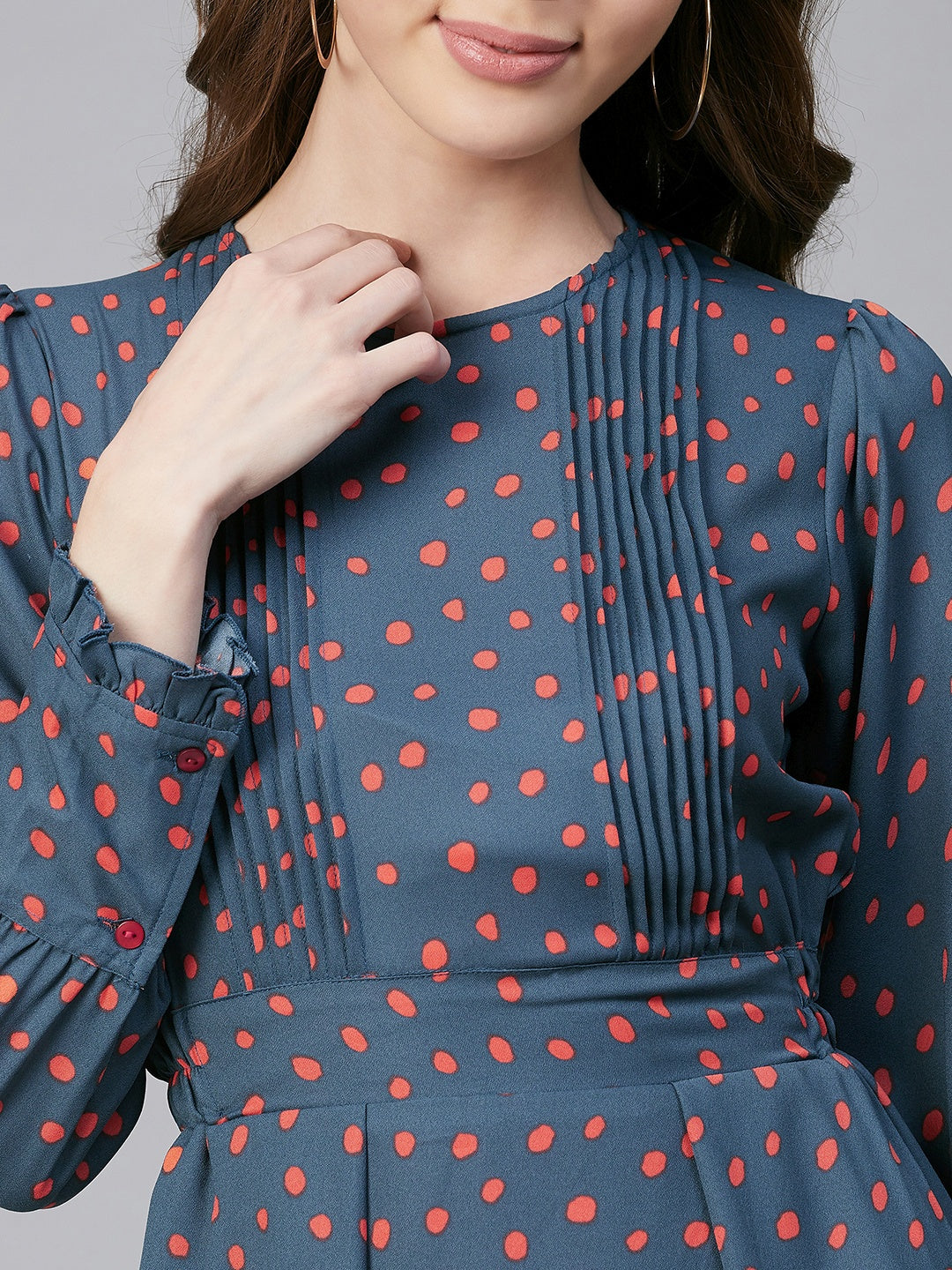 Women's Grey & Coral Polyester Pintuck Dress