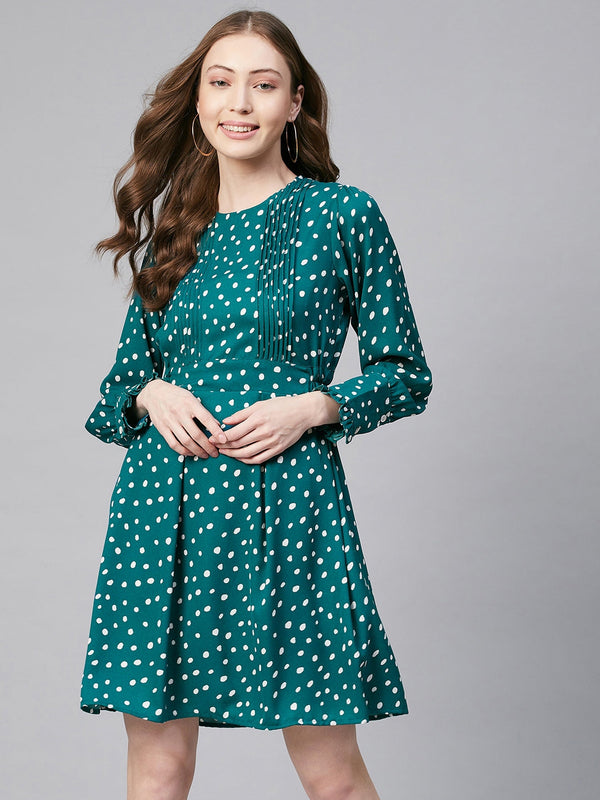 Women's Green & White Polka Polyester Pintuck Dress