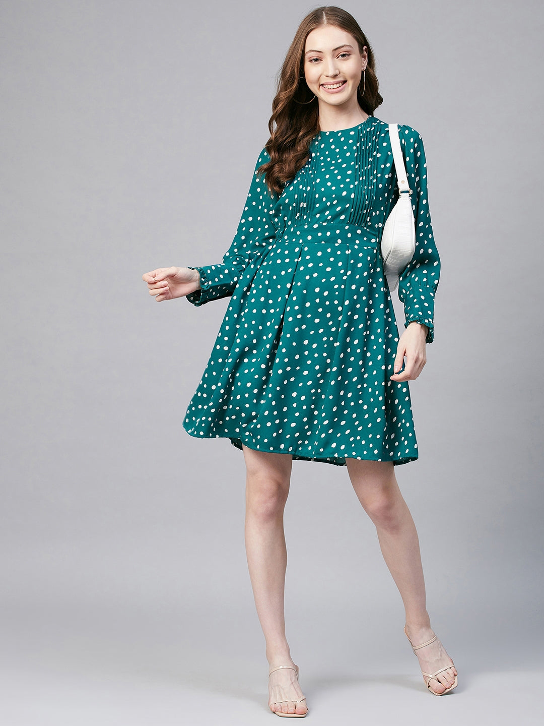 Women's Green & White Polka Polyester Pintuck Dress